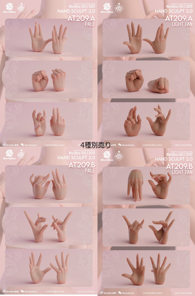 【WorldBox】1/6 Girl Body Hand Sculpt 2.0 AT209A/B 女性ボディ専用 1/6スケール女性ドール・フィギュア用ハンドパーツ セット