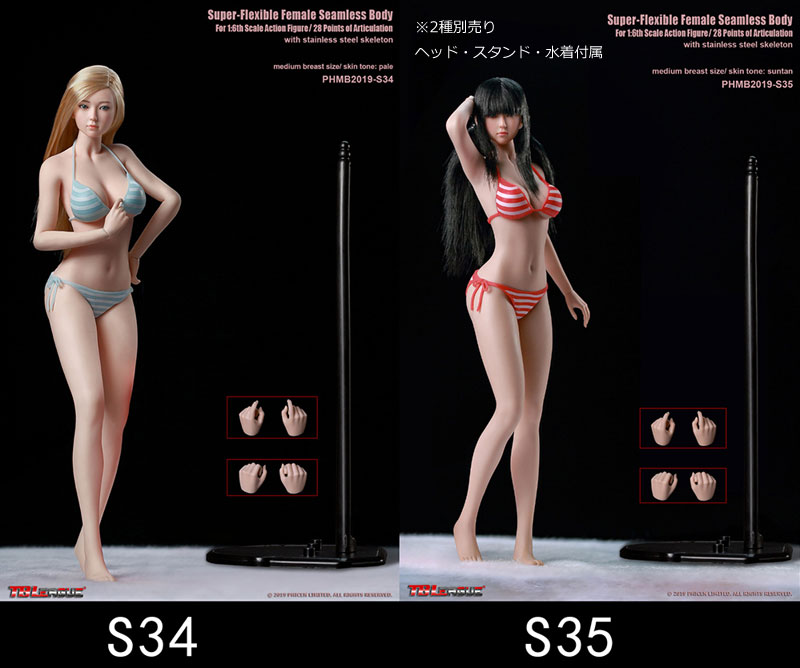 【TBLeague】PHMB2019-S34 (pale) S35 (suntan) TBリーグ 1/6スケール シームレス女性ボディ （女性ヘッド&スタンド付属）